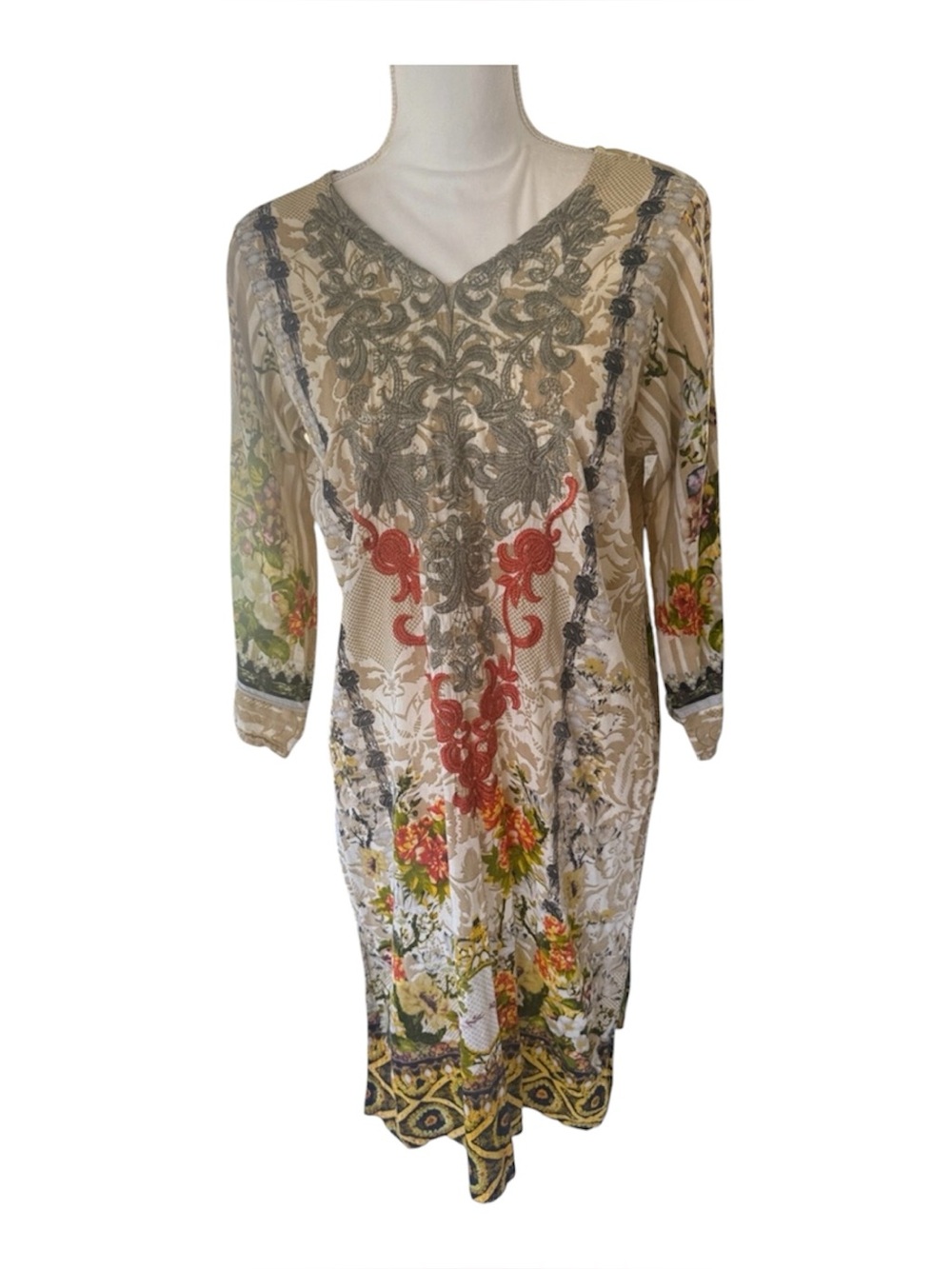 Embroidered beach tunic swim cover-up dress boho beige deep green and coral